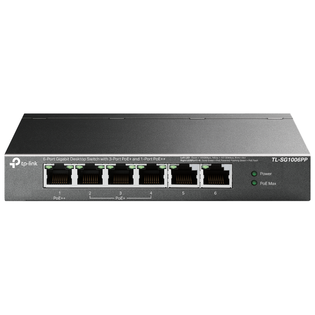 TP-LINK TL-SG1006PP, 6 Port, GigaBit, 4 Port PoE 64W, Yönetilemez, Metal Kasa, Masaüstü Switch - Tp-Link