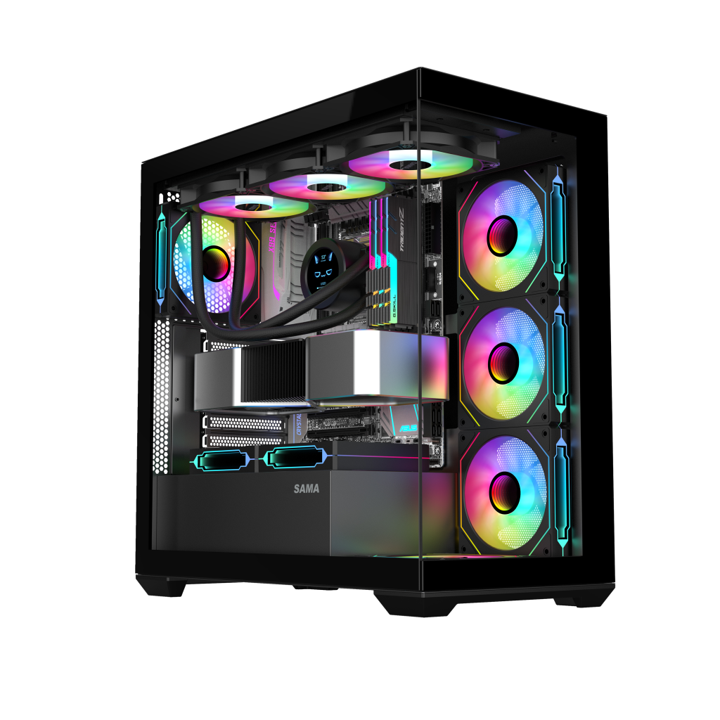 SAMA SV01BK Black, B750BK 750W, 80+ Bronze, PCIE 5.1, ATX3.1, Tempered Glass Panel, Panoramic Tasarım, Type-C, 4x120mm ARGB Fan, ATX, GAMING KASA - Sama