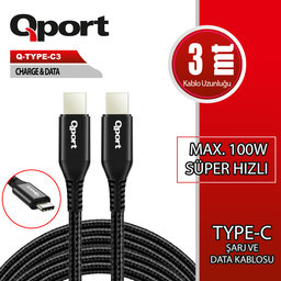 QPORT Q-TYPE-C3 3M TYPE-C 100W SUPER HIZLI PD SARJ VE DATA KABLOSU - QPORT