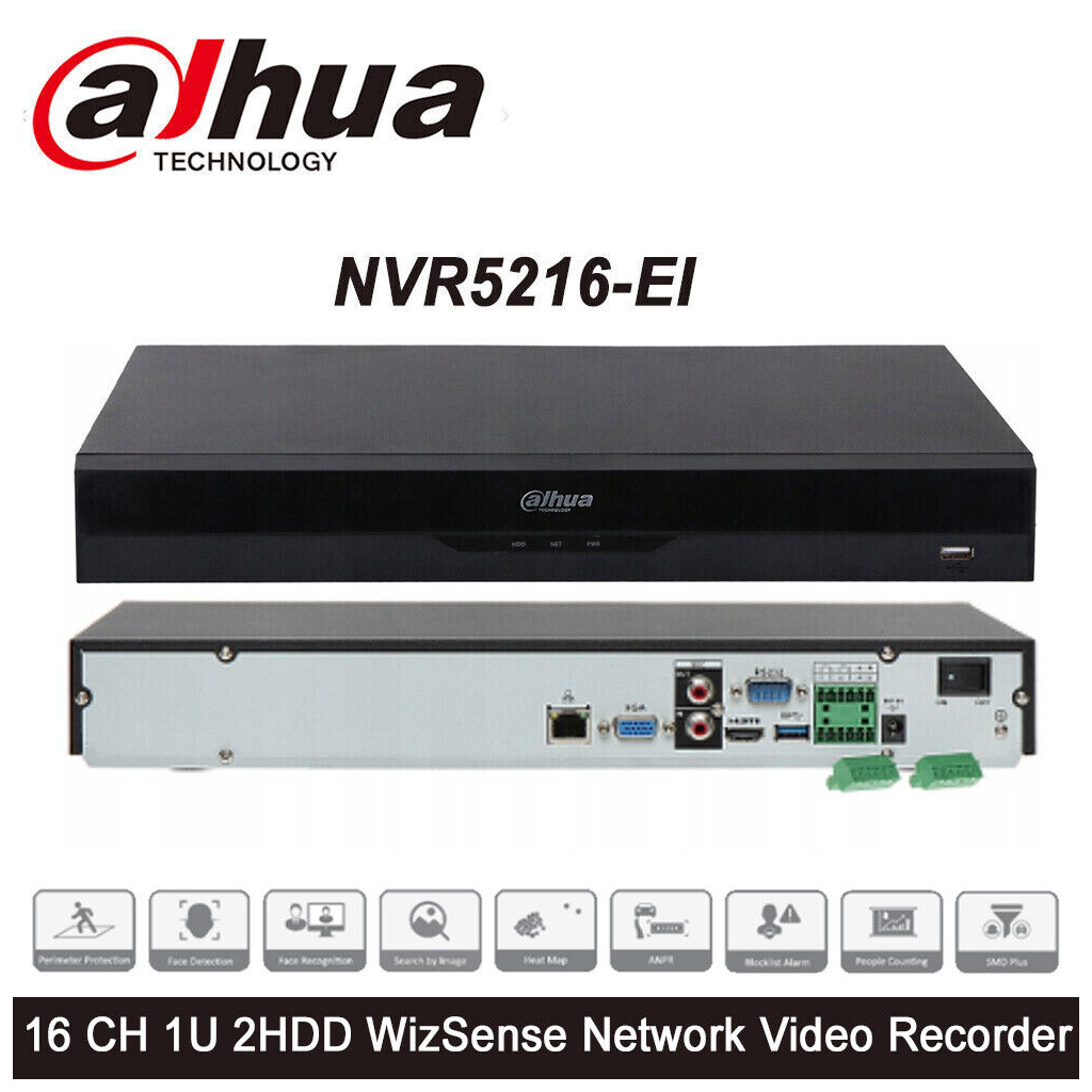 DAHUA  NVR5216-EI, 16Kanal, 12Mpix, H265+, 2 HDD Desteği, 1080P Kayıt, 320Mbps Bant Genişliği, NVR - Dahua