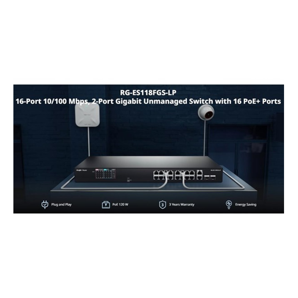 RUIJIE REYEE RG-ES118FGS-LP  18 Port, 16 Port  Megabit PoE, 120W, 2 Port Gigabit  COMBO,  Switch  Metal Kasa - RUIJIE - görsel 2
