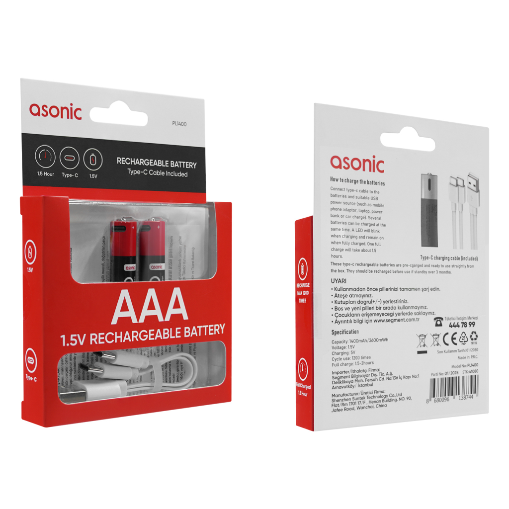 ASONIC PL1400, AA, Şarjlı Pil, 1.5Volt, 1400mAh/2600mwh, Type-C ile Kolay Şarj,  2 li Paket (USB To Type-C Kablo Hediye) - Asonic - görsel 5