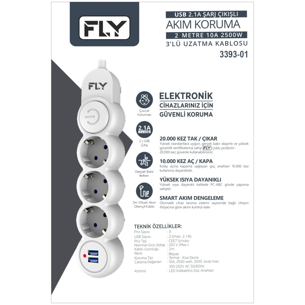 FLY 3393-01, 3 Soket, 2 USB, Akım Korumalı Priz, 2.1A, Anahtarlı, 2Mt Kablo, (Beyaz) - FLY - görsel 3