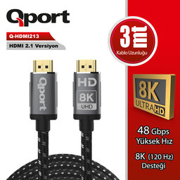 QPORT (Q-HDMI213) ALTIN UCLU 3M 8K HDMI2.1 KABLO - QPORT