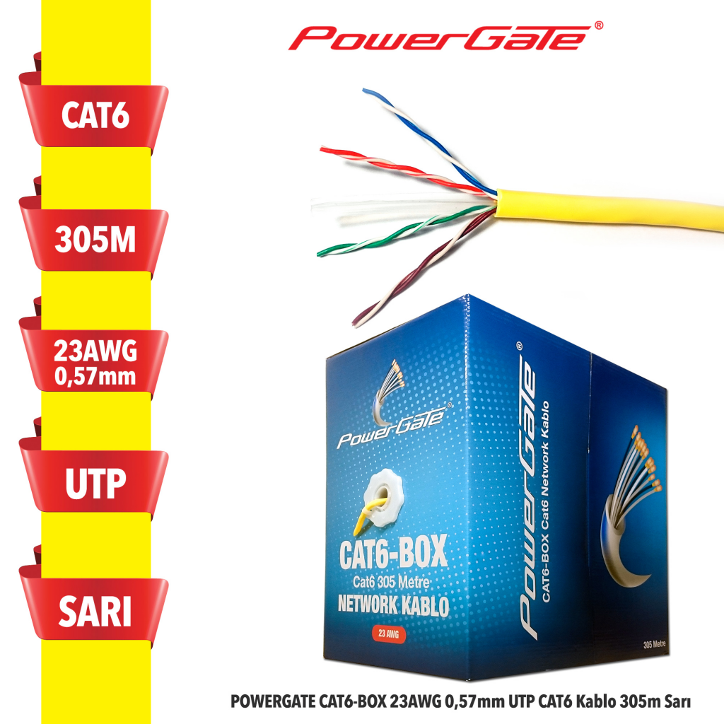 POWERGATE CAT6-BOX-YL, 23AWG, 0,57mm, UTP, CAT6 Kablo, 305m, Sarı - PowerGate