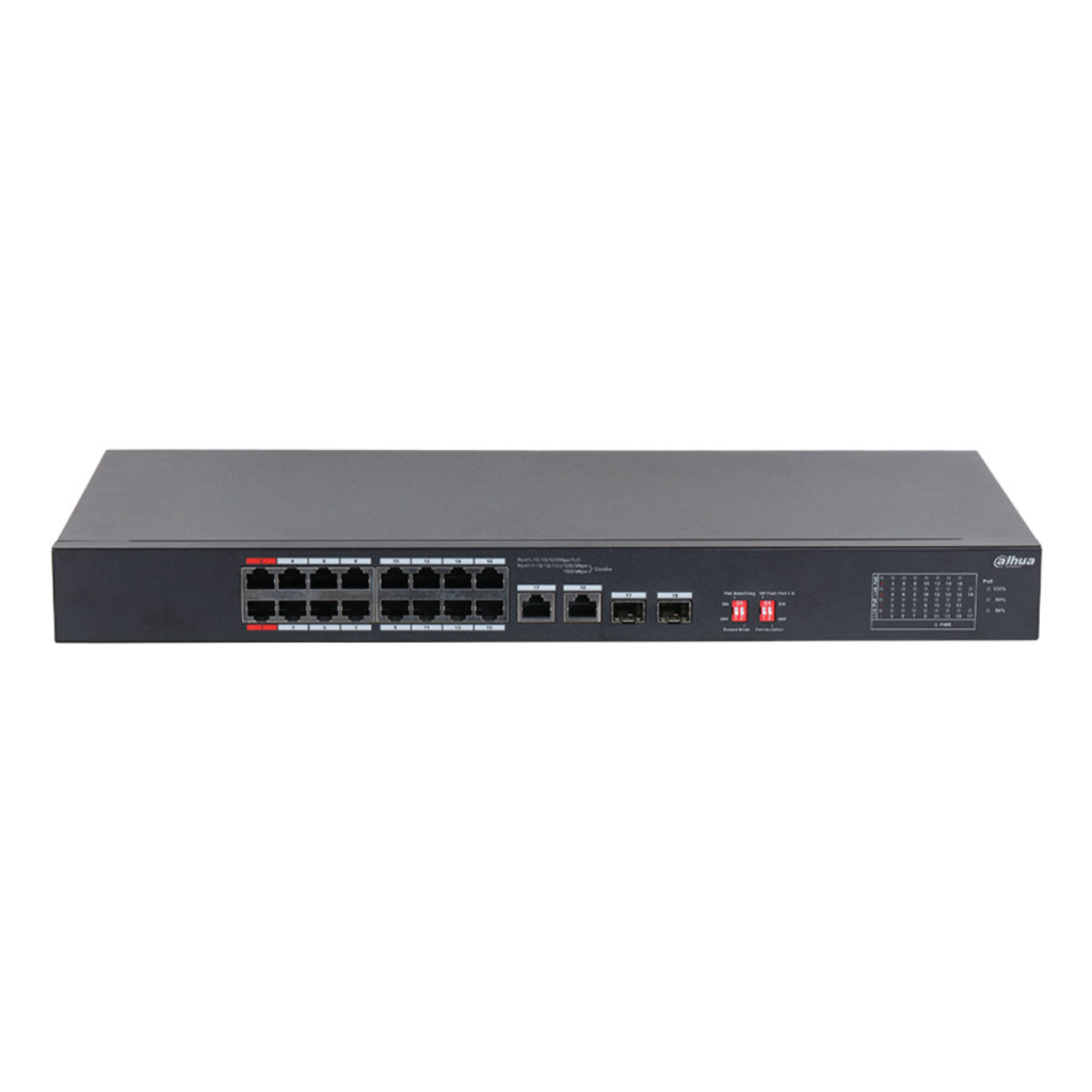 DAHUA S3218-16ET-135, 16 Port, Megabit, PoE 135W, 2 Port GigaBit Uplink, 2 Port GigaBit SFP, Longe Range 250Mt, Yönetilemez, Rack Mount Switch - Dahua