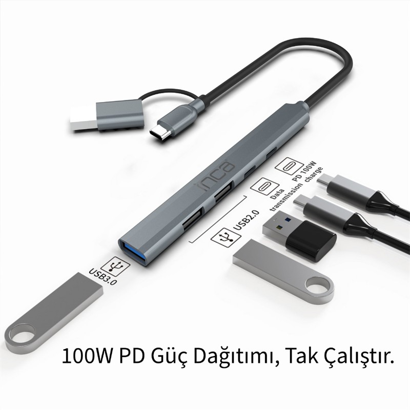INCA IUTP-06T USB 3.0 & Type-C 3.1 1 X USB 3.0 +2 X USB+Type-c PD100W 2.0 Aluminyum Kasa - INCA - görsel 3