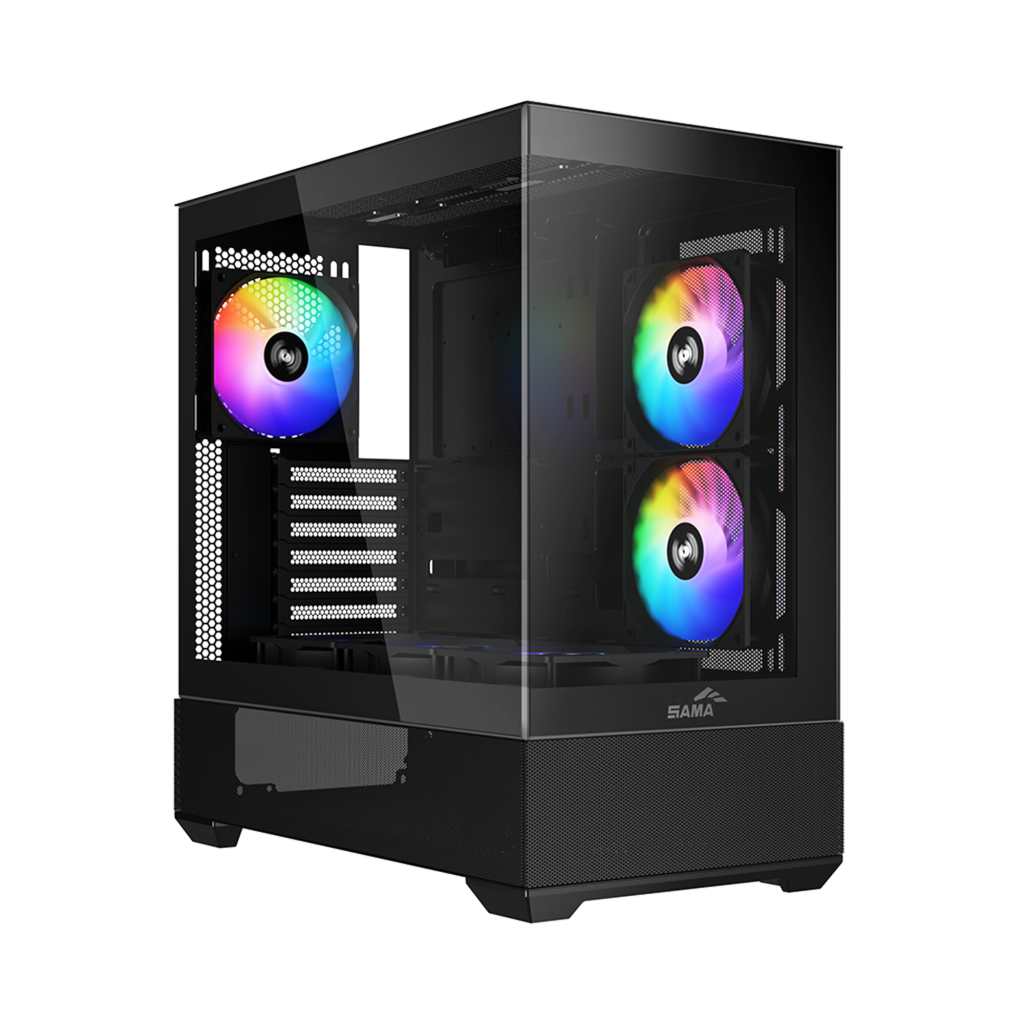 SAMA V40BK Black, B750BK 750W, 80+ Bronze, PCIE 5.1, ATX3.1, Tempered Glass Panel, Panoramic Tasarım, Type-C, 6x120mm ARGB Fan, ATX, GAMING KASA - Sama