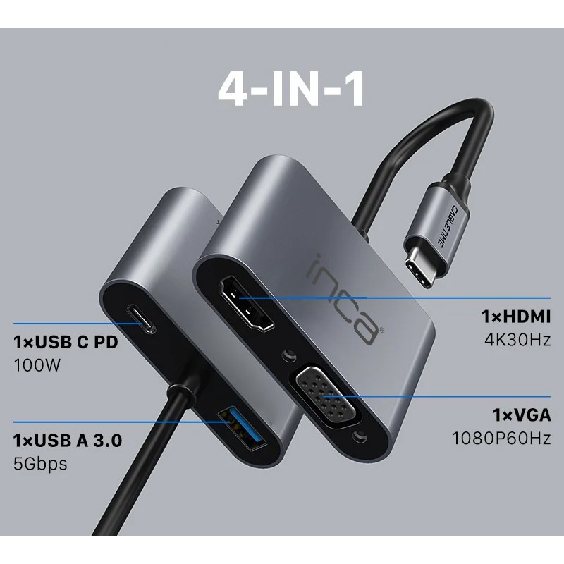 INCA ITPC-06T USB C 4'ü 1 Arada Adaptör USB C – HDMI+VGA+USB Güç Dağıtım Adaptörü - INCA - görsel 2