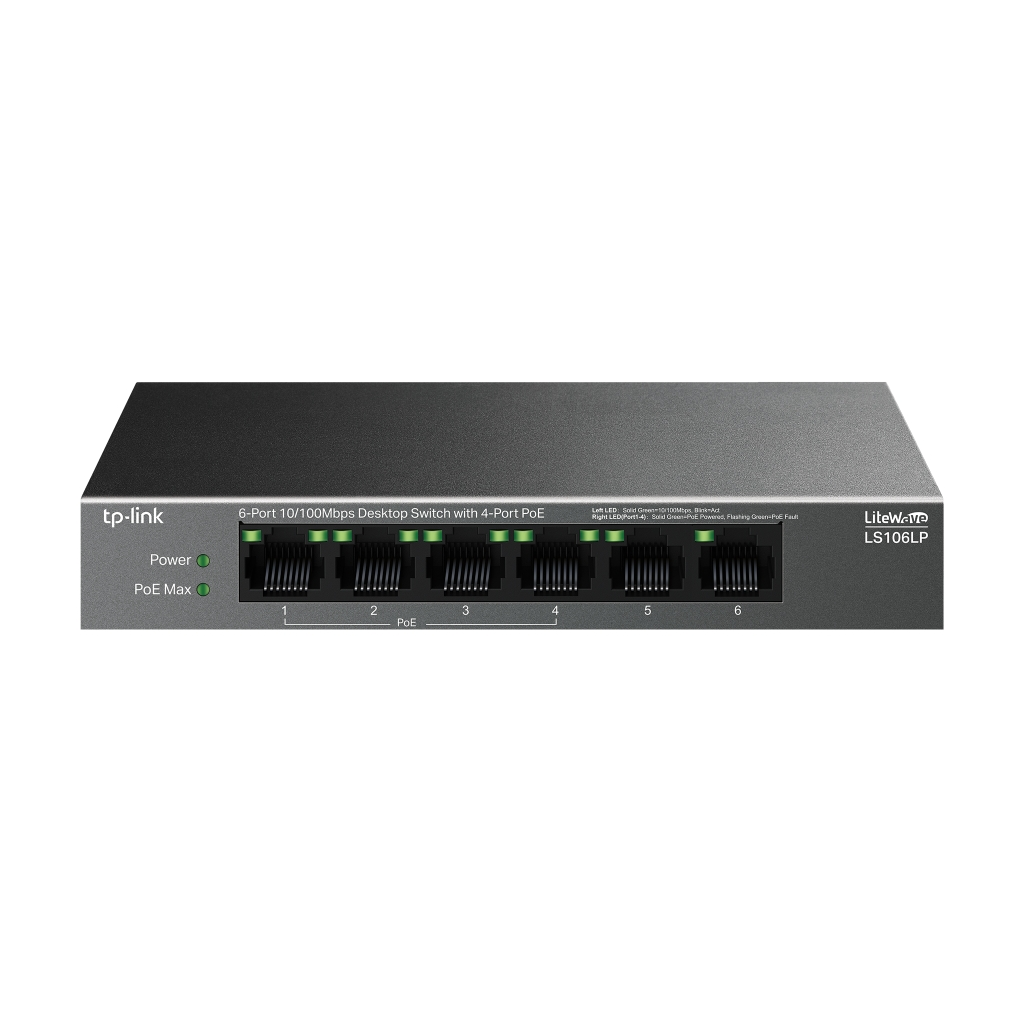 TP-LINK LS106LP, Green Tech, 6 Port, MegaBit, 4 Port PoE 41W, Metal Kasa, Yönetilemez, Masaüstü Switch - Tp-Link