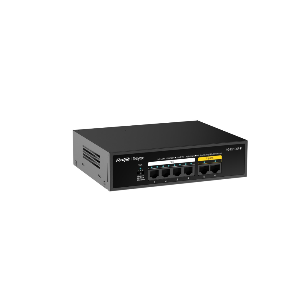 RUIJIE REYEE RG-ES106F-P 6 Port Megabit Tak Çalıştır Switch, 2 Fast Ethernet Uplink, 4 Port PoE+ (54W) - RUIJIE - görsel 2
