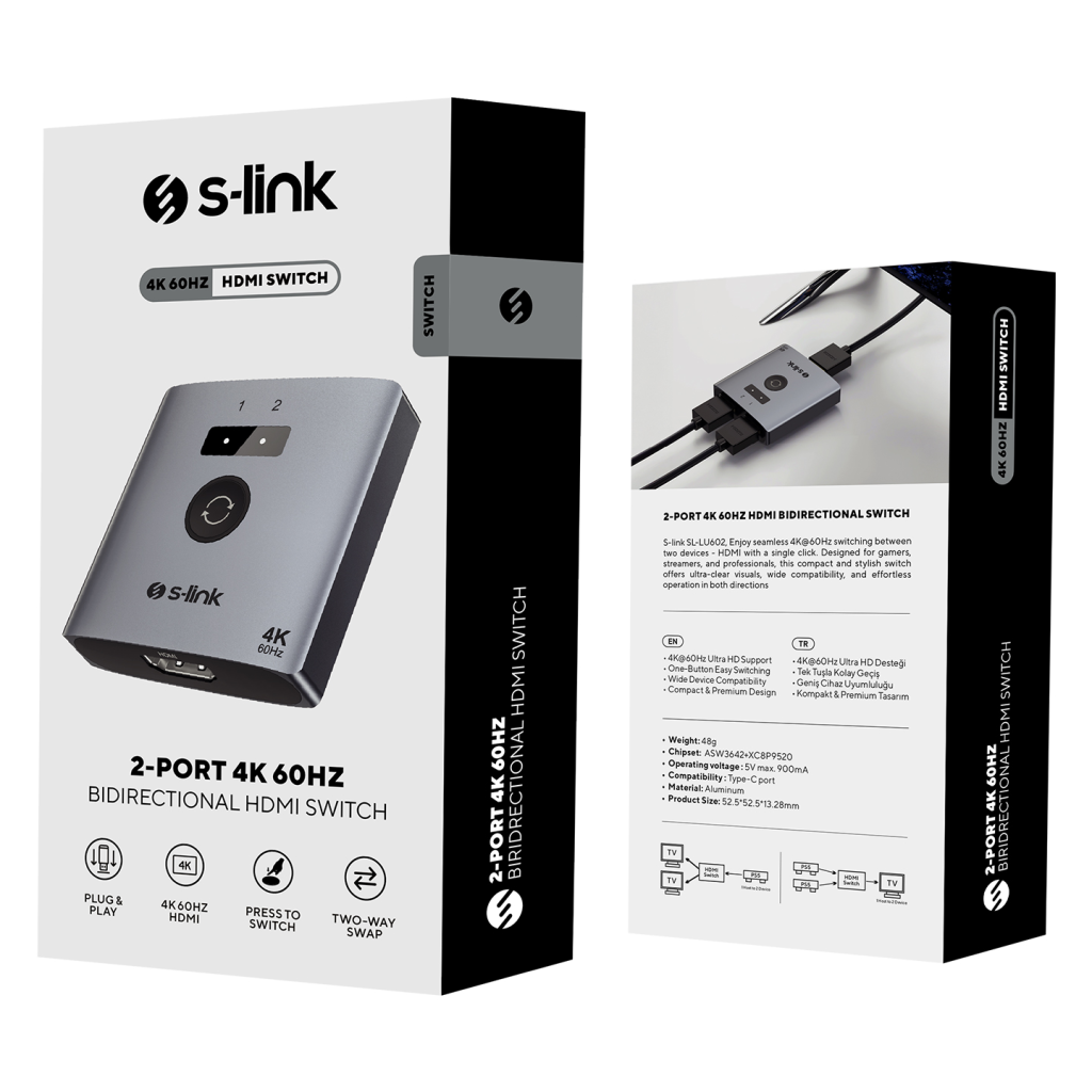 S-LINK SL-LU602, 2xHDMI, 4K, 60Hz, Monitör Çoklayıcı (1PC-2Monitör veya 2PC- 1Monitör) Çift Yönlü Switch - S-Link - görsel 5