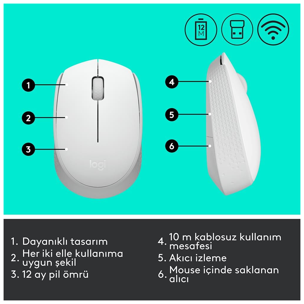 LOGITECH 910-006867, M171 White, USB Nano 2,4G Kablosuz, 1000dpi, Optik, 3 Tuşlu, 12ay Pil Ömrü, Mouse - Logitech - görsel 5