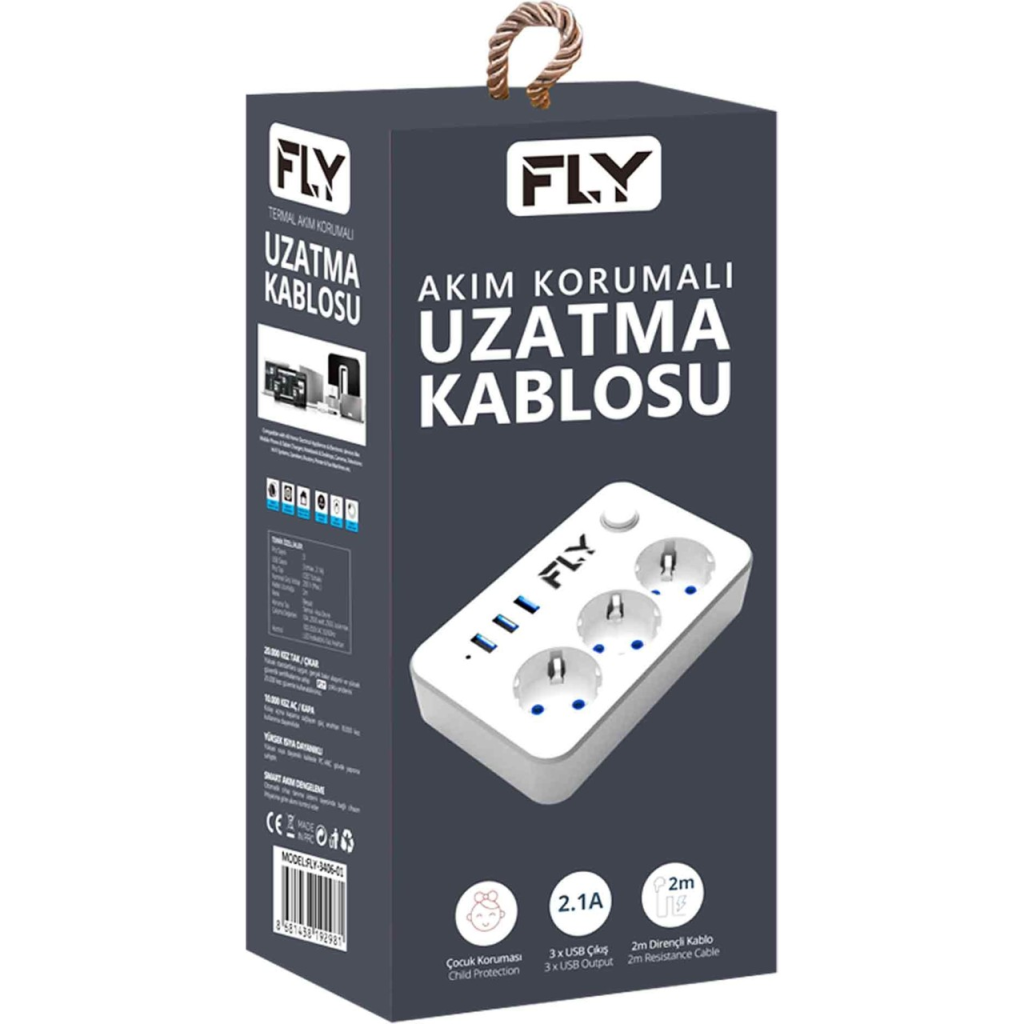 FLY 3406-01, 3 Soket, 3 USB, Akım Korumalı Priz, 2.1A, Anahtarlı, 2Mt Kablo, (Beyaz) - FLY