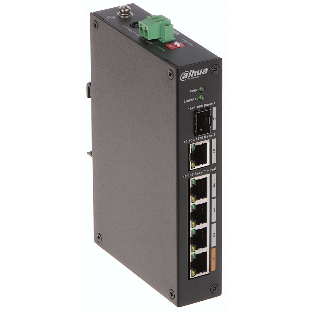 DAHUA PFS3106-4ET-60-V2, 4 Port, Megabit, PoE 60W, 1 Port Gigabit Uplink, 1 Port Gigabit SFP, Yönetilemez, Masaüstü Switch - Dahua