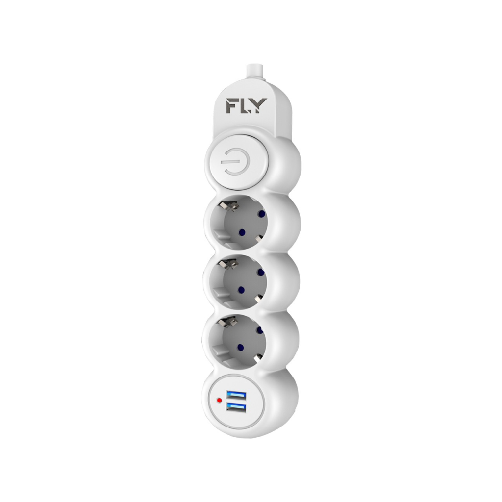 FLY 3393-01, 3 Soket, 2 USB, Akım Korumalı Priz, 2.1A, Anahtarlı, 2Mt Kablo, (Beyaz) - FLY - görsel 2