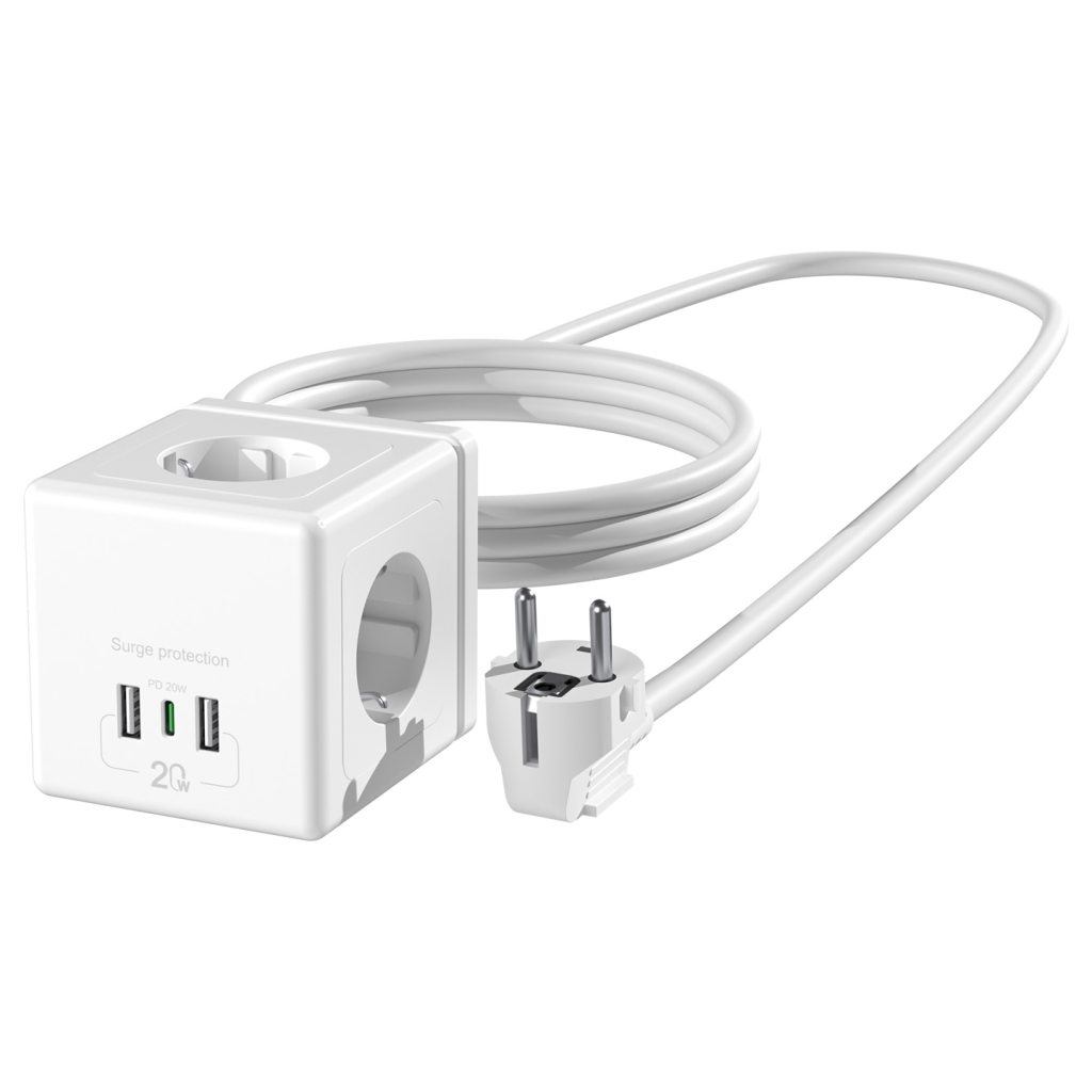 S-LINK PRZ04, 4 Soket, Akım Korumalı Priz, 1x Type-C, 2xUSB 5V, 2Mt Kablo, 306 Joule, Küp Tasarım (Beyaz) - S-Link - görsel 2