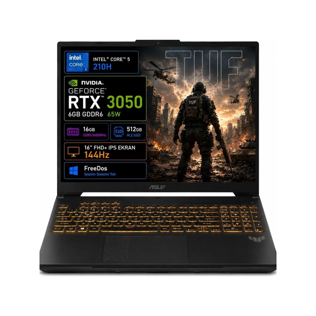 ASUS Tuf Gaming F16, FX607VJB-RL037, Core 5-210H, 16" FHD, 144Hz IPS, 16Gb Ram, 512Gb SSD, 6GB RTX3050 Ekran Kartı, Free Dos, GAMING Notebook. - Asus