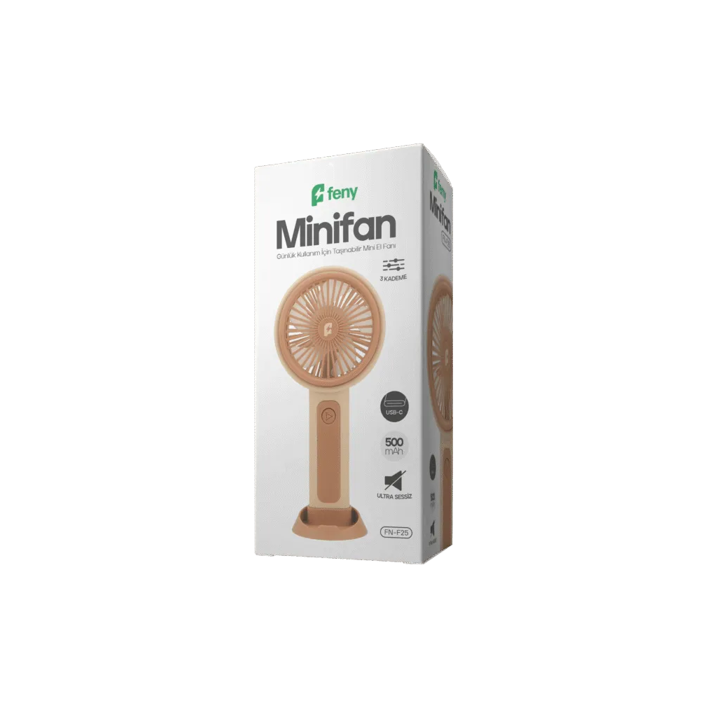 FENY FN-F25, KREM-KAHVE, 3 Kademeli Hız, Elde Kullanım, Dahili 500mAh Bataryalı, Type-C Şarj Girişli, Vantilatör - Feny - görsel 2