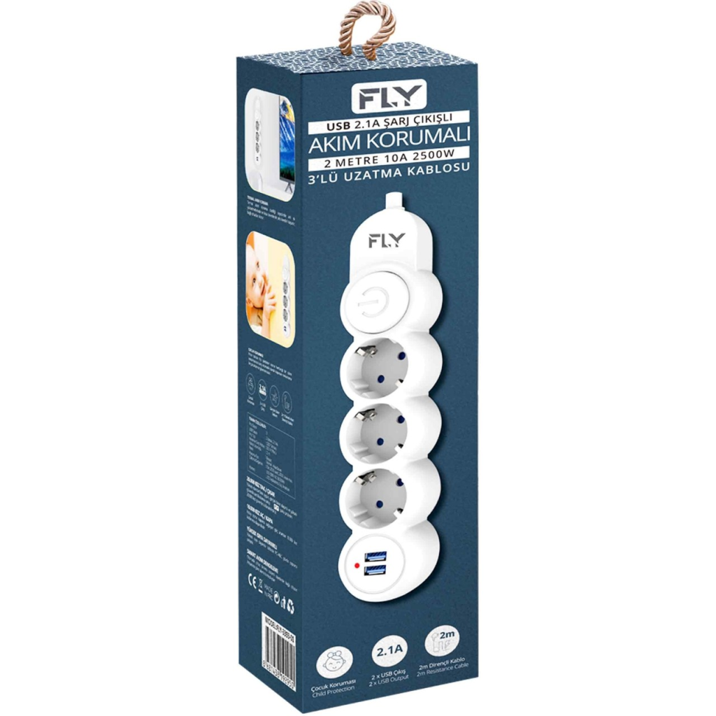 FLY 3393-01, 3 Soket, 2 USB, Akım Korumalı Priz, 2.1A, Anahtarlı, 2Mt Kablo, (Beyaz) - FLY