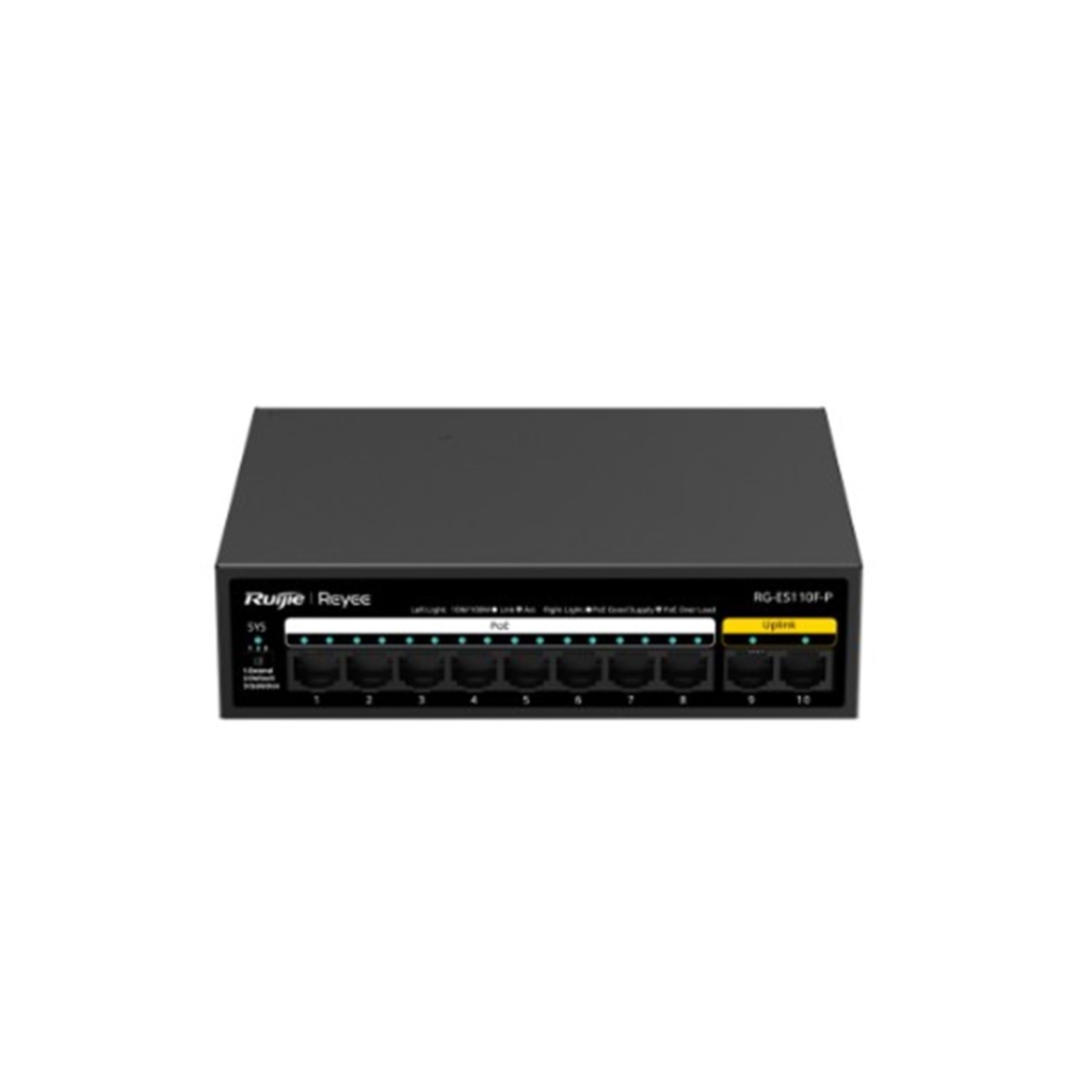 RUIJIE REYEE RG-ES110F-P 10 Port, 8 Port MegaBit  POE, 110W, 2 Port Uplink, Metal Kasa Switch - RUIJIE