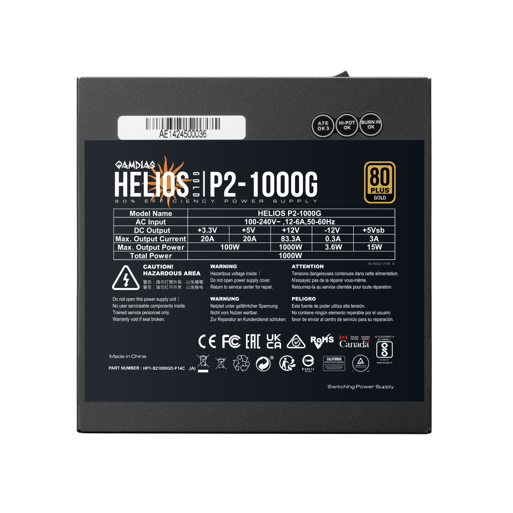 GAMDIAS HELIOS P2-1000G, 1000W, 80+ Gold, Full Modüler, Aktif PFC, GAMING, ATX, Power Supply (PSU) - Gamdias - görsel 4