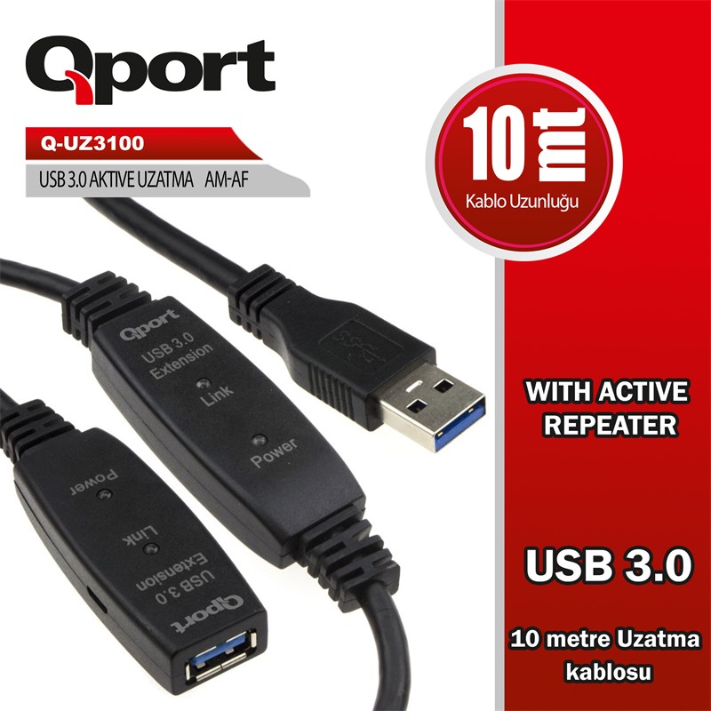 QPORT Q-UZ3100 USB 3.0 10MT UZATMA KABLOSU (REPEATER) - Qport