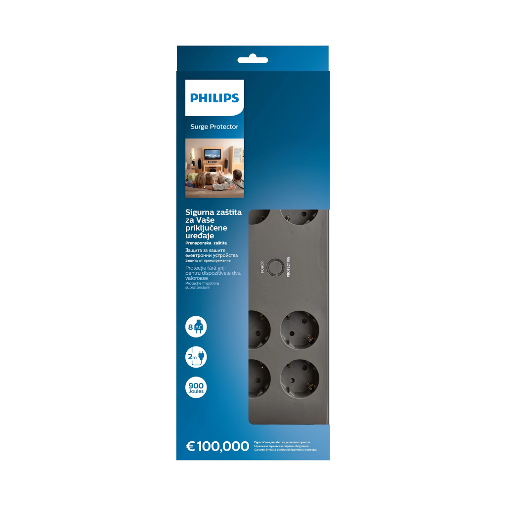 PHILIPS SPN3180A/62, 8 Soket, Akım Korumalı Priz, 900 Joules, 2Mt Kablo, (Gri) - Philips - görsel 3