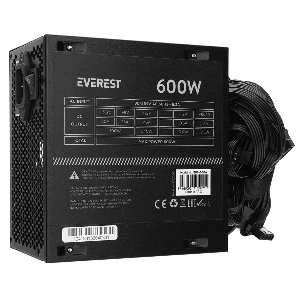 EVEREST EPS-600A, Peak 600W, 12cm Fan, ATX, Aktif PFC, GAMING Power Supply (PSU) Bulk - Everest - görsel 5