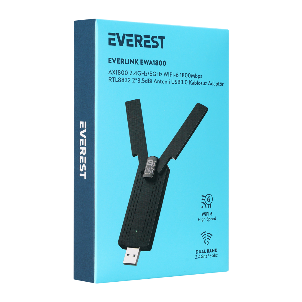 EVEREST EWA1800, 1800Mbp, 2.4Ghz ve 5Ghz Dual Band, WIFI 6, 2x3.5dbi Anten, USB3.0, WIRELESS ETHERNET - Everest - görsel 4