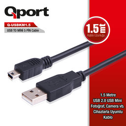 QPORT (Q-USBKM1.5) USB2.0 TO MINI USB 1.5M DATA KABLO - QPORT