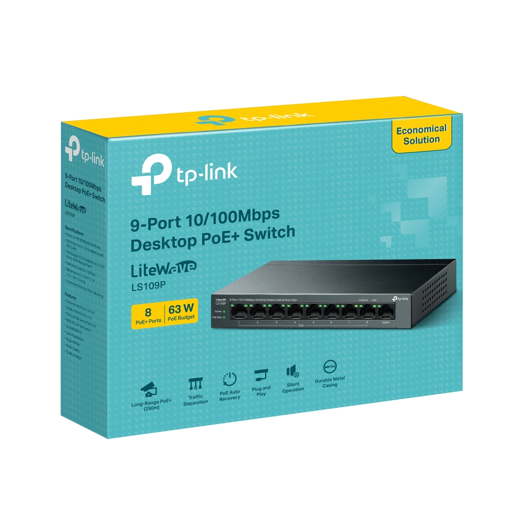 TP-LINK LS109P, Green Tech, 8 Port MegaBit, POE 63W, 1 Port Uplink, Long Range 250Mt, Yönetilemez, Metal Kasalı Switch - Tp-Link - görsel 4