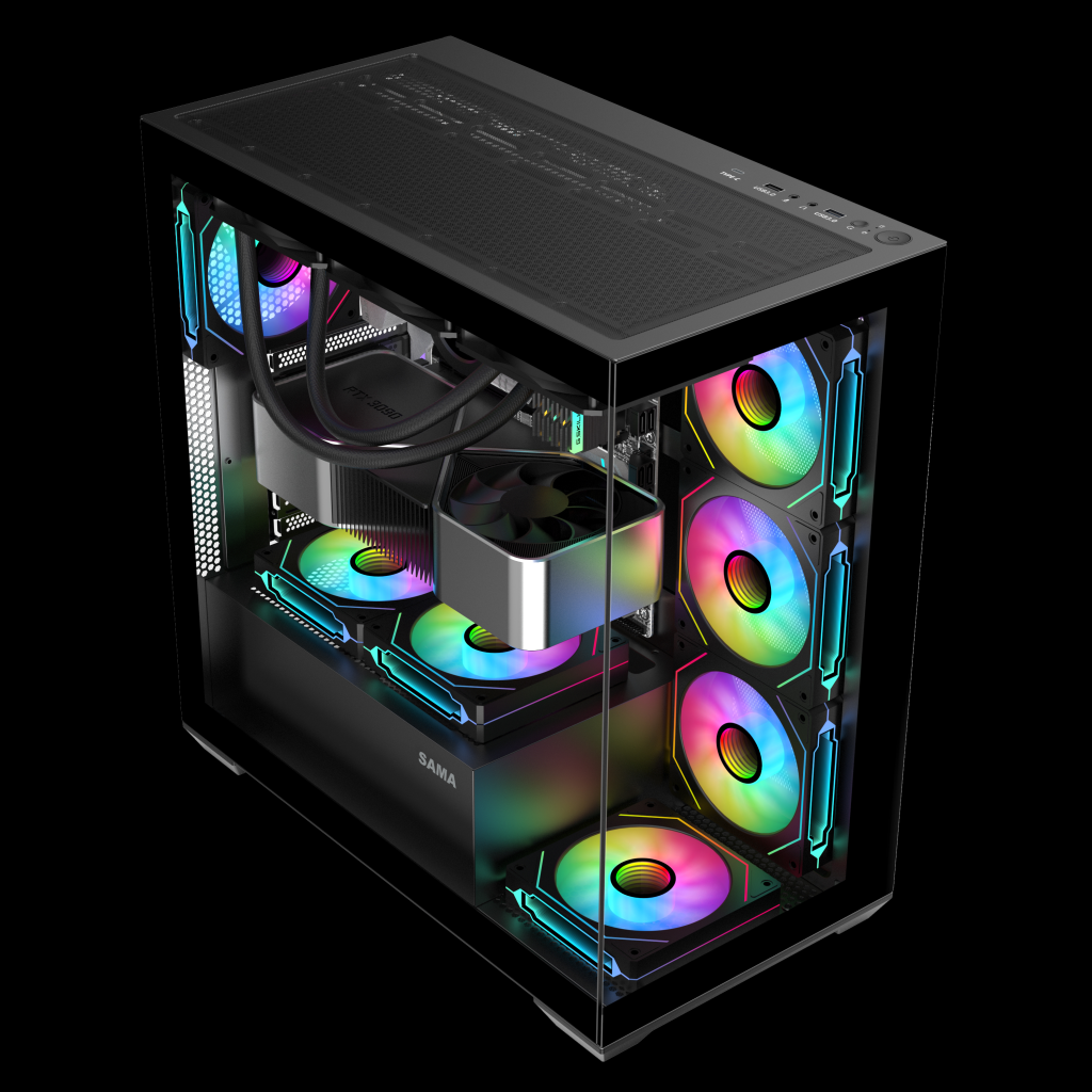 SAMA SV01BK Black, B750BK 750W, 80+ Bronze, PCIE 5.1, ATX3.1, Tempered Glass Panel, Panoramic Tasarım, Type-C, 4x120mm ARGB Fan, ATX, GAMING KASA - Sama - görsel 2