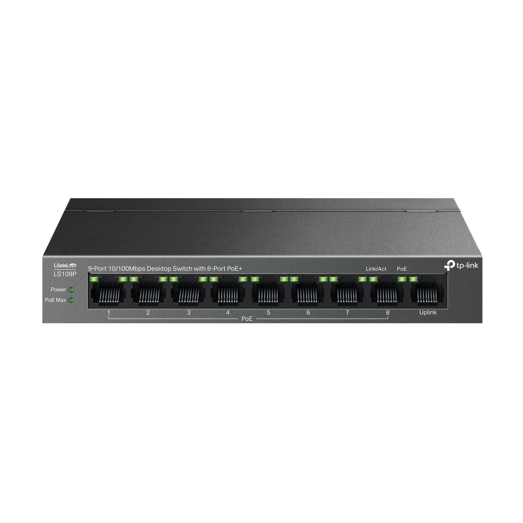 TP-LINK LS109P, Green Tech, 8 Port MegaBit, POE 63W, 1 Port Uplink, Long Range 250Mt, Yönetilemez, Metal Kasalı Switch - Tp-Link