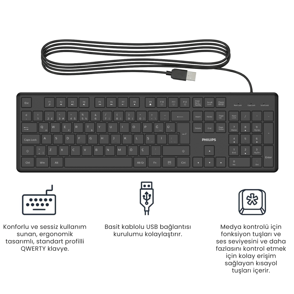 PHILIPS SPK6248B, USB Kablolu, Türkçe Q, Multimedya Klavye (Siyah) - Philips - görsel 4