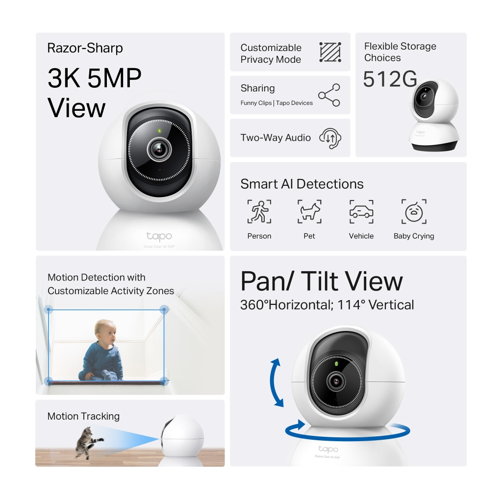 TP-LINK Tapo TC74 (C230), 3K, 5,0Mpix, İç Mekan, WiFi, 12Mt. Gece Görüşü, 360 Dönüş, İki Yönlü Ses Güvenlik Yapay Zeka Destekli Kamera - Tp-Link - görsel 3