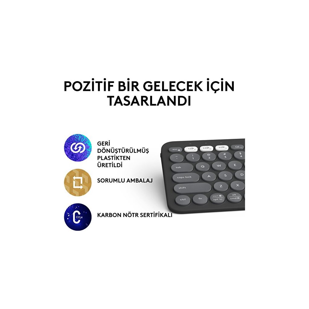 LOGITECH K380S, Pebble Keys 2,  Siyah, 920-011859, Bluetooth, Türkçe, Q, Multimedya, Mini Klavye - Logitech - görsel 3