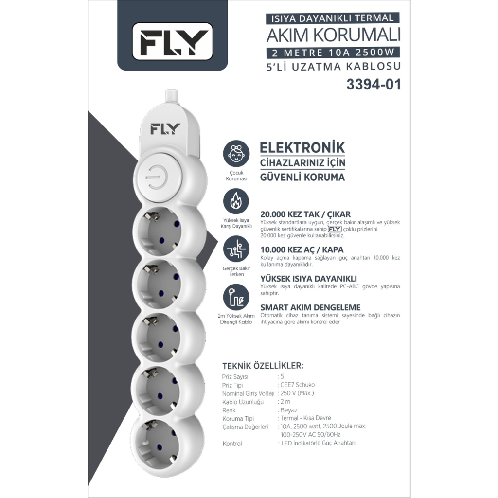 FLY 3394-01, 5 Soket, Akım Korumalı Priz, 2.1A, Anahtarlı, 2Mt Kablo, (Beyaz) - FLY - görsel 3