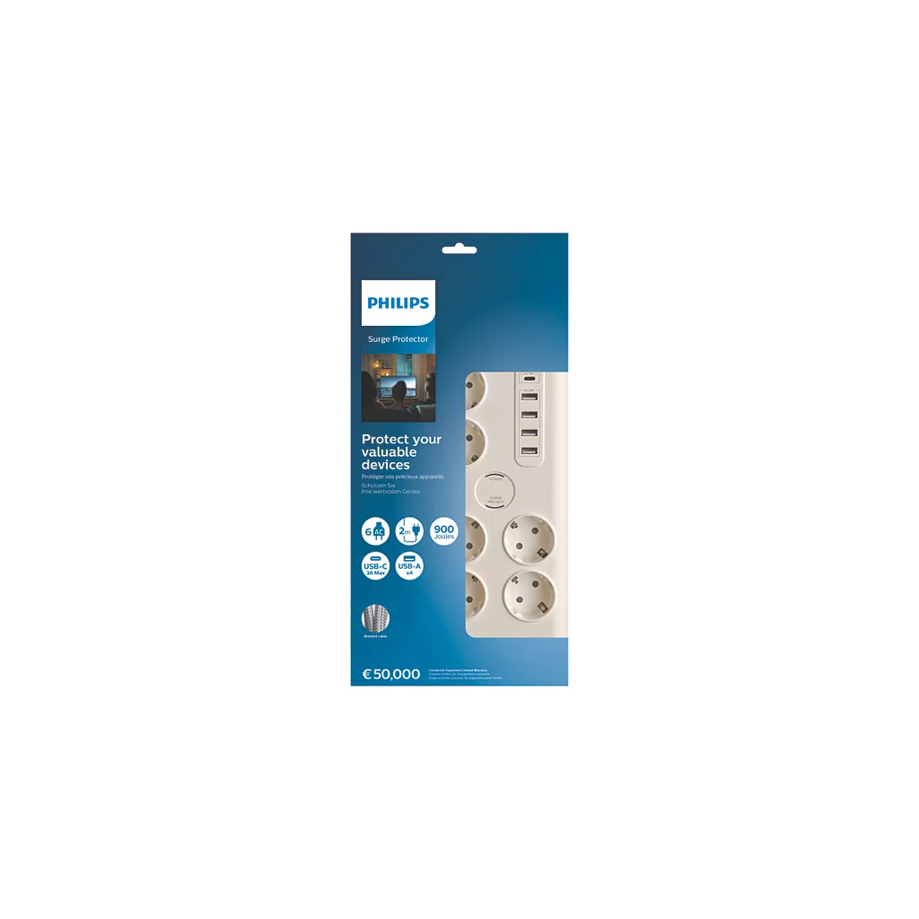 PHILIPS SPN7060WA/62, 6 Soket, Akım Korumalı Priz, 900 Joules, 2Mt Kablo, 1xUsb-C 15W Şarj, 4xUsb-A 20W, (Beyaz) - Philips - görsel 2