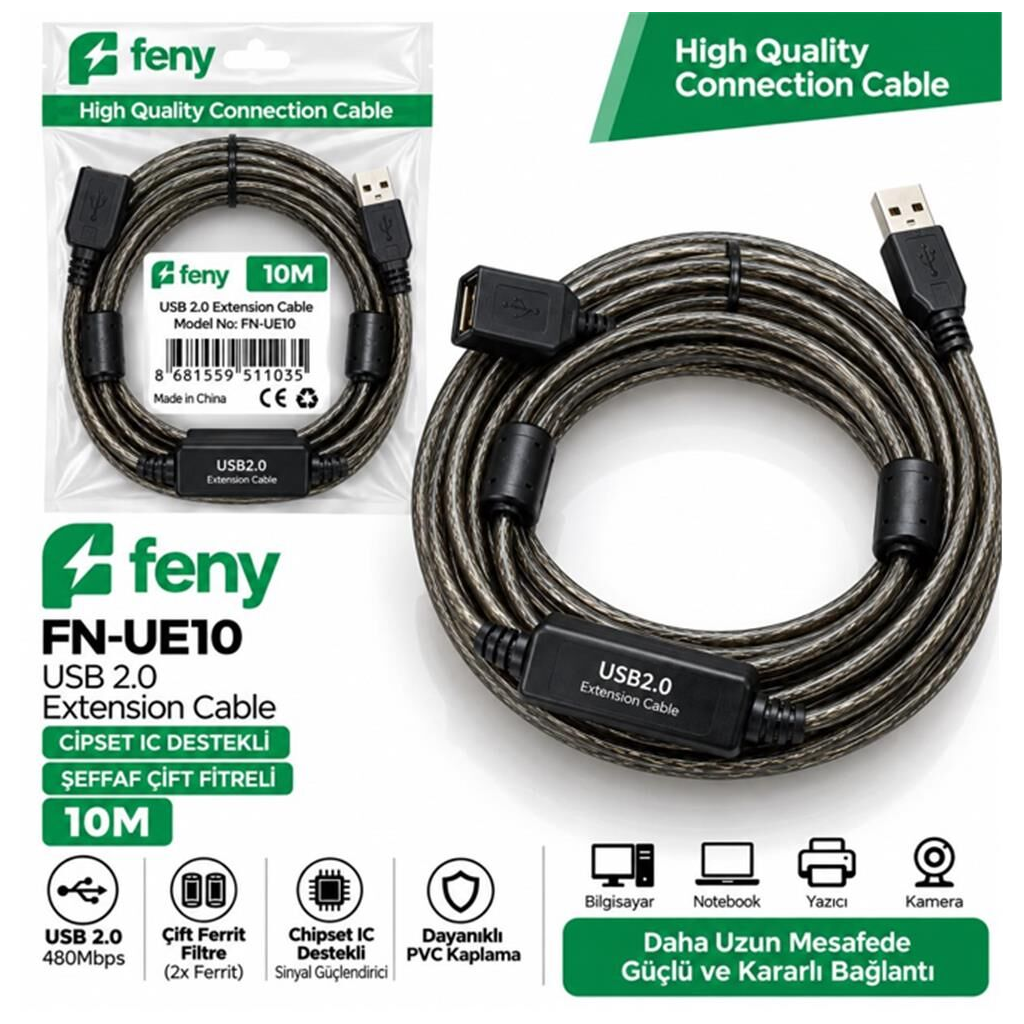 FENY FN-UE10, Güçlendirilmiş USB Uzatma Kablosu 10 Metre - Feny