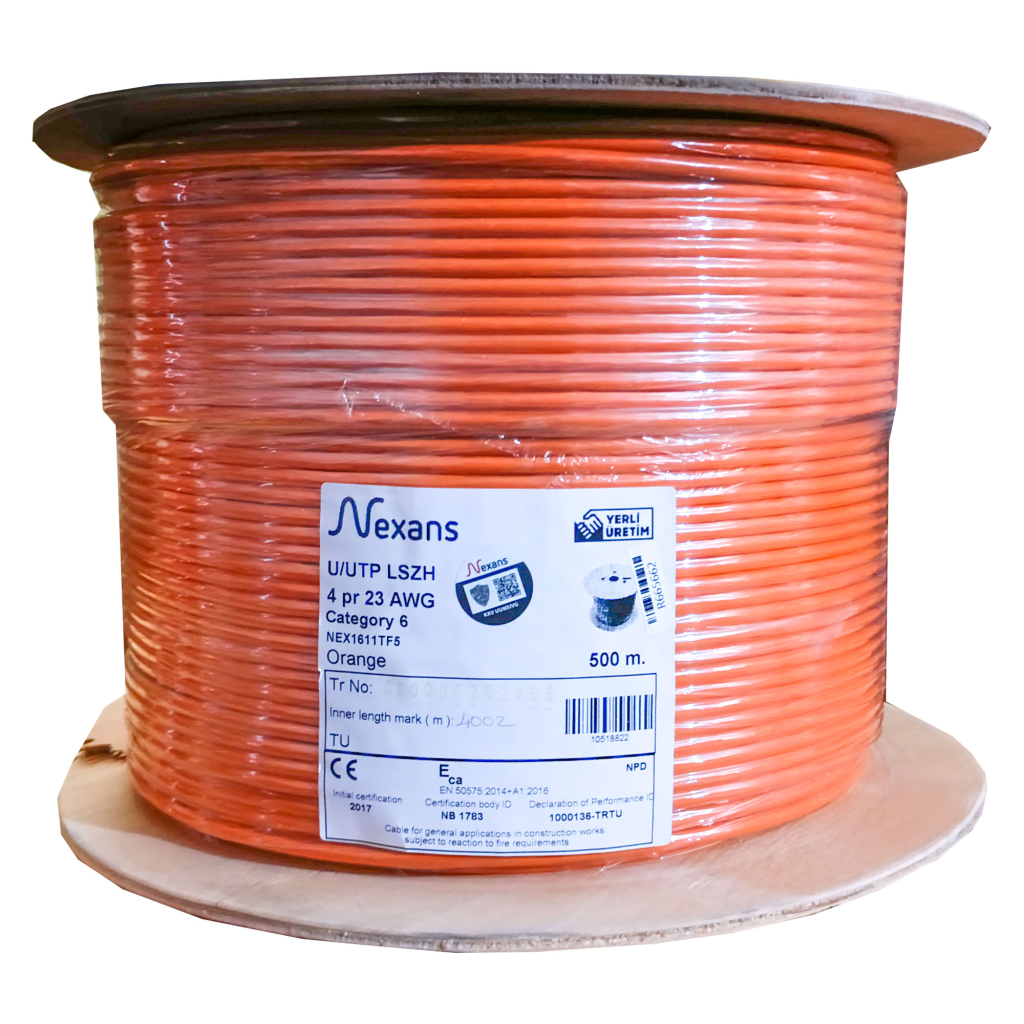 NEXANS NEX1611TF5, TURUNCU, CAT6, 500M, 23AWG (0,58mm), UTP, %100 Bakır, LSZH Halogen Free, Makara, Kablo - Nexans