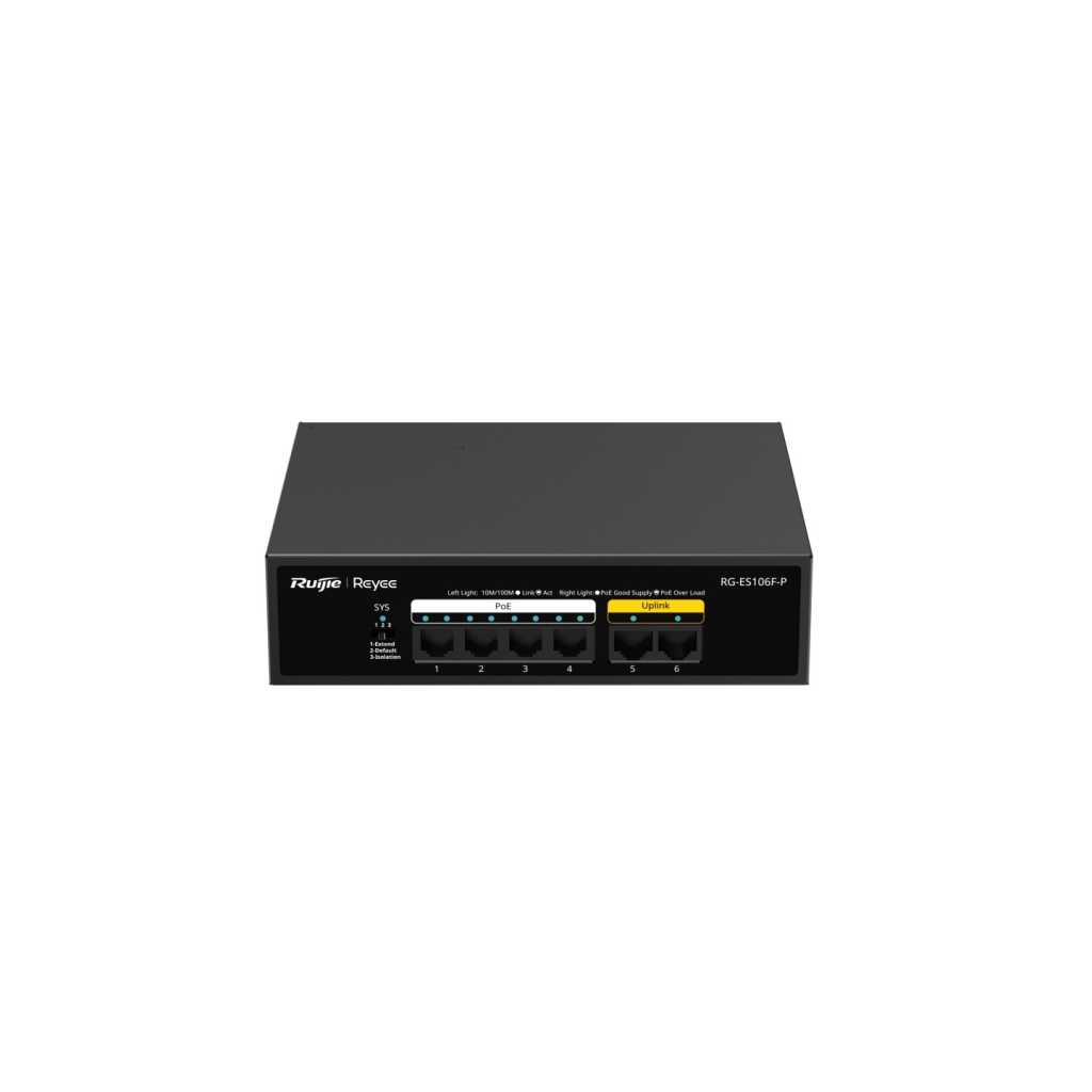 RUIJIE REYEE RG-ES106F-P 6 Port Megabit Tak Çalıştır Switch, 2 Fast Ethernet Uplink, 4 Port PoE+ (54W) - RUIJIE